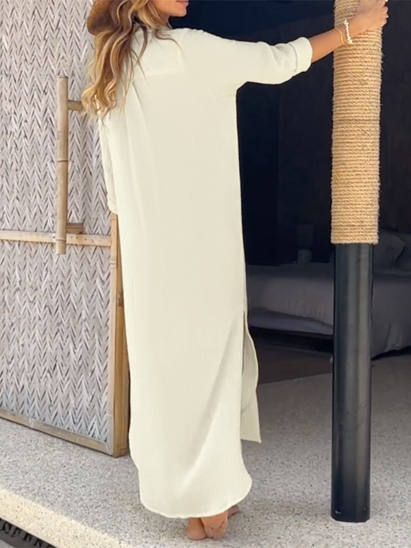 Long Sleeves Loose Buttoned Pockets Split-Side Lapel Maxi Dresses Shirt Dress