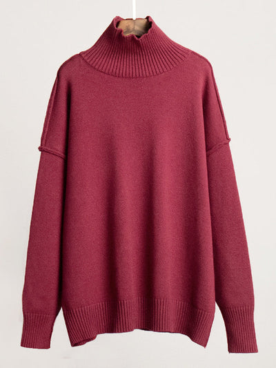 Long Sleeves Loose Solid Color Split-Joint High Neck Pullovers Sweater Tops