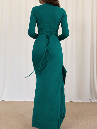 Bodycon High Waisted Asymmetric Pleated Ruffled Solid Color Split-Joint Round-Neck Maxi Dresses