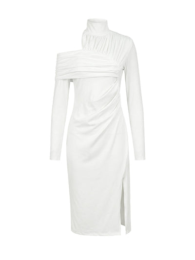 Irregularity Long Sleeves Asymmetric Pleated Solid Color Split-Front Split-Joint Split-Side High Neck Midi Dresses
