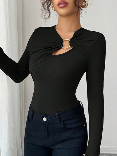 Long Sleeves Skinny Solid Color Split-Joint Asymmetric Collar T-Shirts