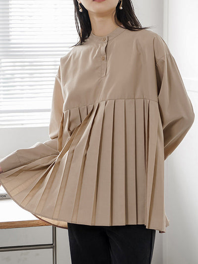 Long Sleeves Loose Buttoned Pleated Solid Color Round-Neck Blouses&Shirts Tops