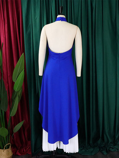 Loose Backless Lacy Solid Color Halter-Neck Vest Top + High-Low Pants Bottom Two Pieces Set