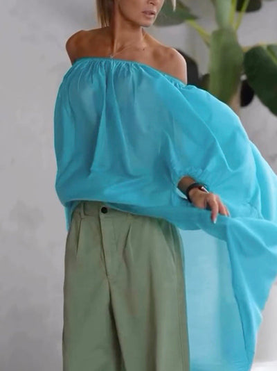 High-Low Loose Elasticity Pleated See-Through Solid Color Off-The-Shoulder Blouses&Shirts Tops