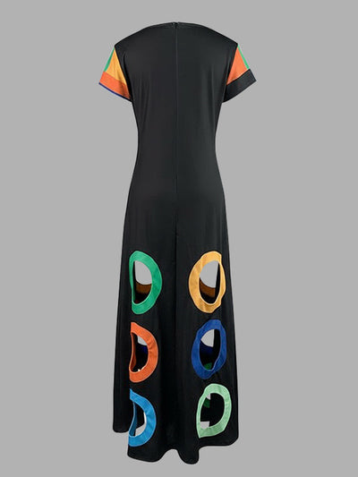 A-Line High Waisted Colorful Contrast Color Hollow V-Neck Maxi Dresses