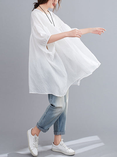 Half Sleeves Loose Pleated See-Through Solid Color Round-Neck Blouses&Shirts Tops