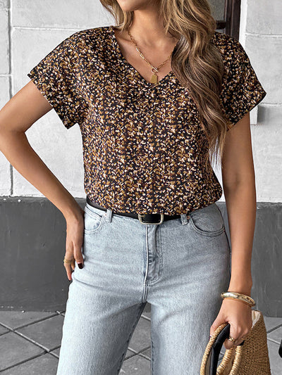 Loose Short Sleeves Contrast Color V-Neck Blouses&Shirts Tops