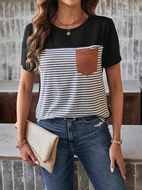 Loose Short Sleeves Split-Joint Striped Round-Neck T-Shirts Tops