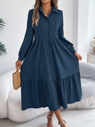 High Waisted Long Sleeves Pleated Ruffled Solid Color Lapel Midi Dresses Shirt Dress