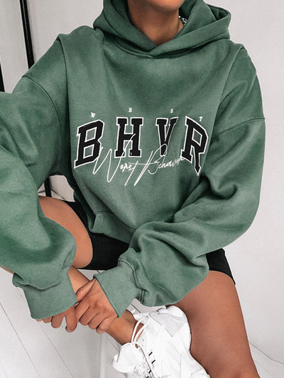 Long Sleeves Loose Keep Warm Letter Print Velvet Hooded Hoodies Tops