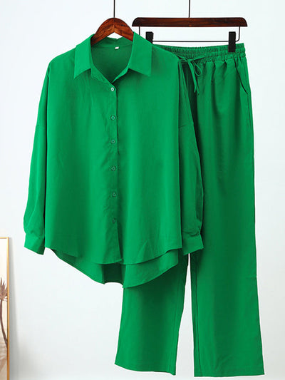 Solid Color High-Low Long Sleeves Lapel Blouses + Drawstring Pants Two Pieces Set