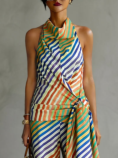 Loose Sleeveless Backless Contrast Color Striped Tied Halter-Neck Vest Top
