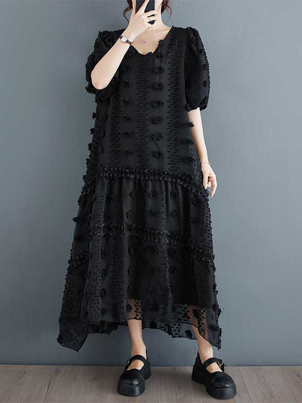 A-Line Half Sleeves Elasticity Jacquard Solid Color Split-Joint V-Neck Midi Dresses