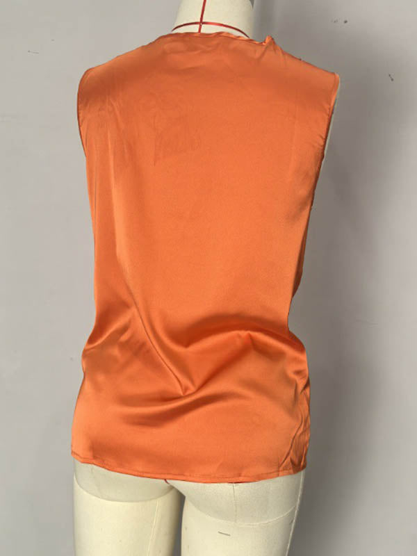 Loose Sleeveless Pleated Solid Color V-Neck Vest Top