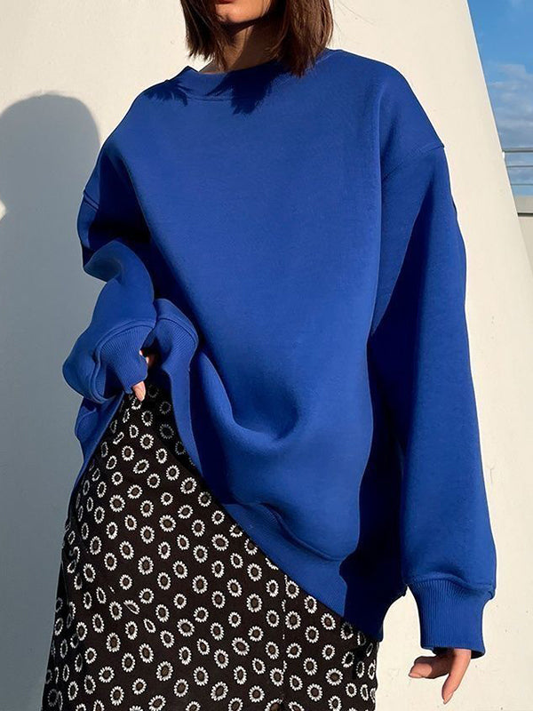 Long Sleeves Loose Solid Color Round-Neck Sweatshirt Tops