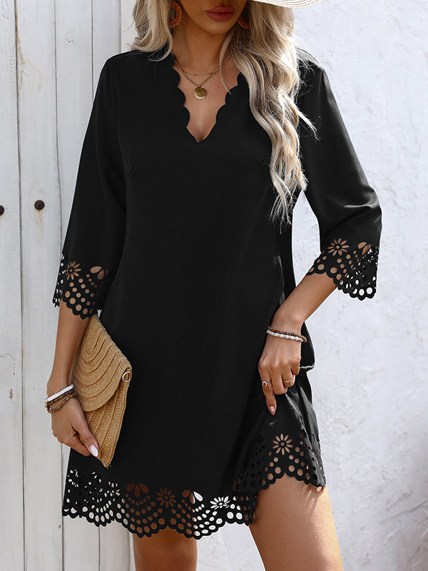 A-Line Loose Hollow Solid Color V-Neck Mini Dresses