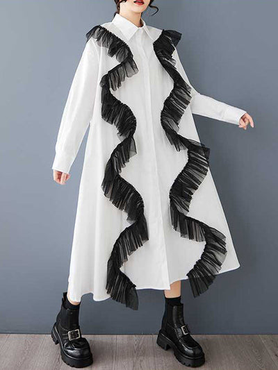 A-Line Long Sleeves Buttoned Split-Joint Lapel Midi Dresses Shirt Dress