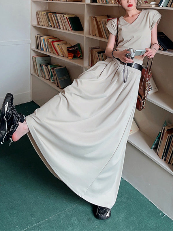 A-Line High Waisted Belted Pleated Solid Color Skirts Bottoms