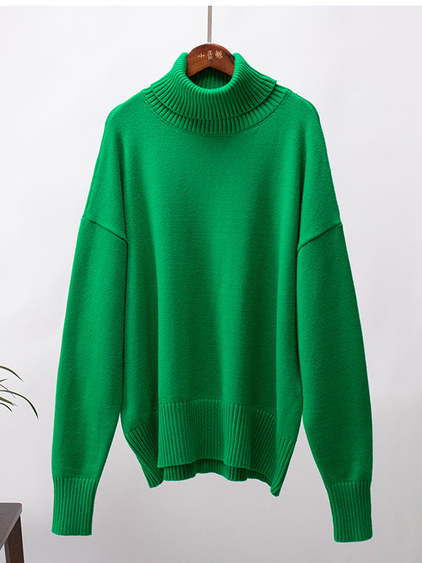 Long Sleeves Loose Solid Color High Neck Knitwear Pullovers Sweater Sweater Tops