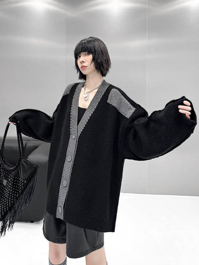 Long Sleeves Loose Buttoned Contrast Color Reversible Split-Joint Collarless Cardigan Tops Outerwear