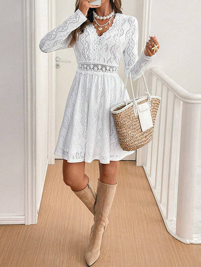 High Waisted Long Sleeves Hollow Lacy Solid Color Split-Joint V-Neck Mini Dresses