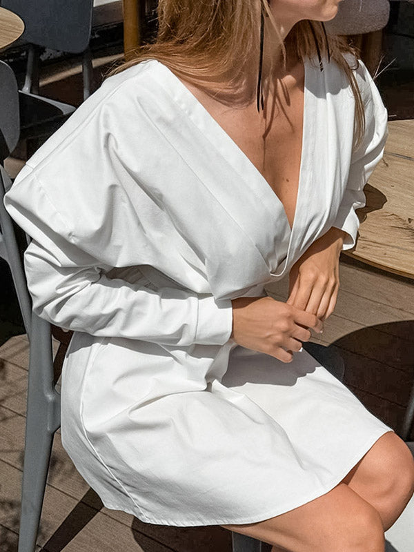 Long Sleeves Loose Pleated Solid Color Split-Joint Tied Waist V-Neck Mini Dresses Shirt Dress