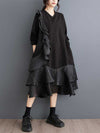 A-Line Long Sleeves Contrast Color Pockets Ruffle Trim Split-Joint V-Neck Midi Dresses
