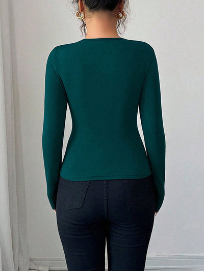 Long Sleeves Skinny Solid Color Split-Joint Asymmetric Collar T-Shirts