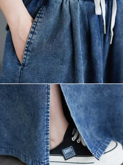 Loose Wide Leg Drawstring Split-Side Jean Pants Bottoms Trousers