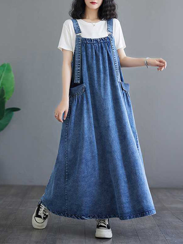 A-Line Loose Pleated Pockets Split-Joint Spaghetti-Neck Maxi Dresses Suspender Dress