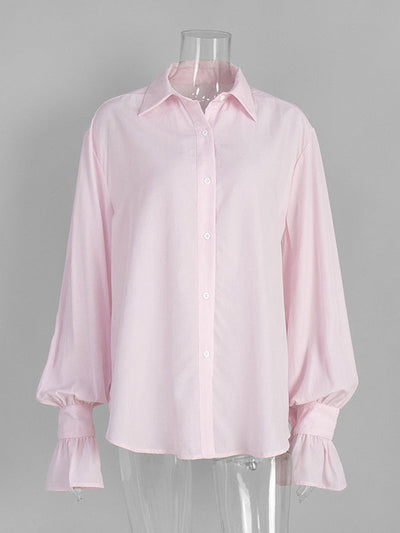 Loose Puff Sleeves Pleated Solid Color Split-Joint Lapel Blouses&Shirts Tops