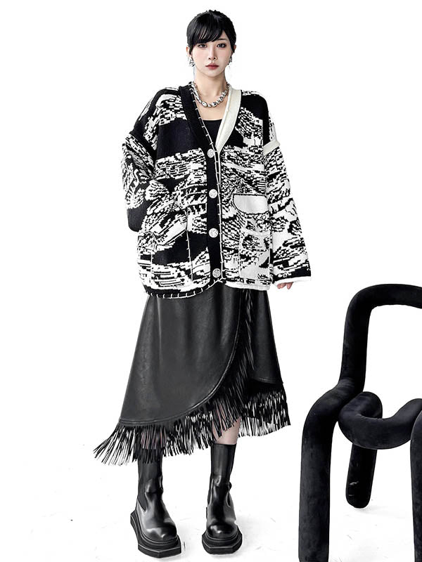 Long Sleeves Loose Abstract Printed Buttoned Contrast Color Pockets Split-Joint Collarless Cardigan Tops Outerwear