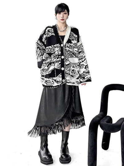 Long Sleeves Loose Abstract Printed Buttoned Contrast Color Pockets Split-Joint Collarless Cardigan Tops Outerwear