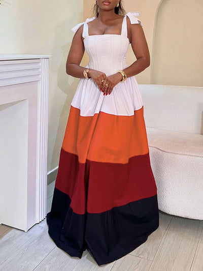 A-Line High Waisted Contrast Color Pleated Pockets Tied Zipper Spaghetti-Neck Maxi Dresses