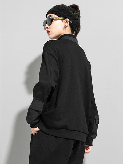 Casual Long Sleeves Loose Solid Color Zipper High-Neck Sweatshirt Tops