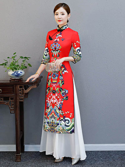 Red Split-Joint Seven-Quarter Sleeves Ao Dai Long Cheongsams