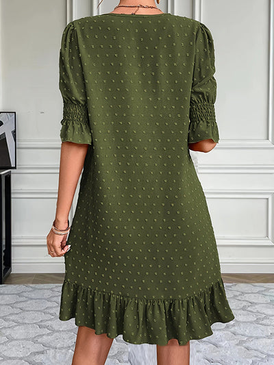 A-Line Flared Sleeves Elasticity Jacquard Pleated Solid Color Split-Joint V-Neck Mini Dresses