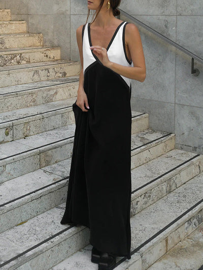 Loose Sleeveless Contrast Color Split-Joint Deep V-Neck Maxi Dresses