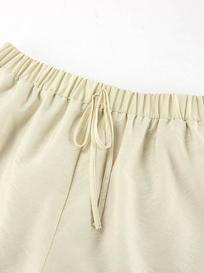 Long Sleeves Loose Ruffle Trim Solid Color Tied V-Neck Blouses&Shirts Tops + Elasticity Shorts Bottom Two Pieces Set