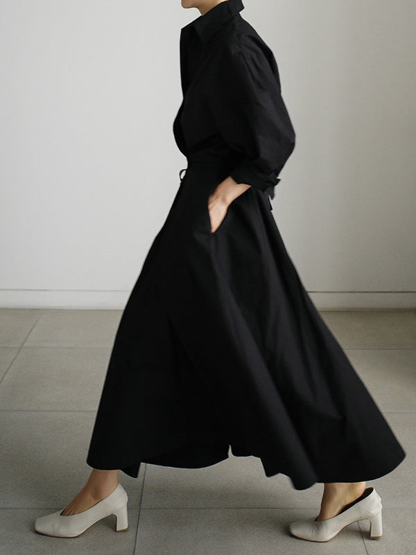 Long Sleeves Loose Buttoned Solid Color Lapel Midi Dresses