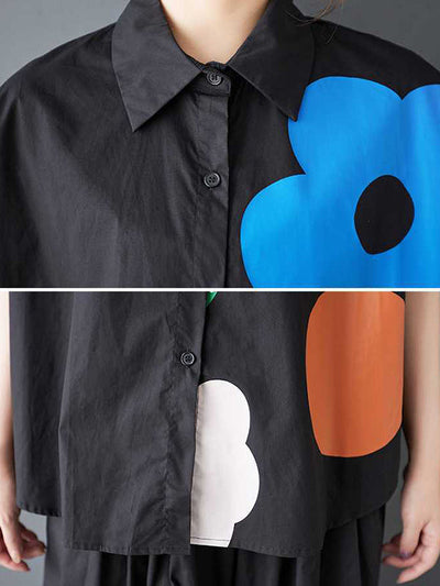 Loose Short Sleeves Buttoned Flower Print Lapel Blouses&Shirts Tops
