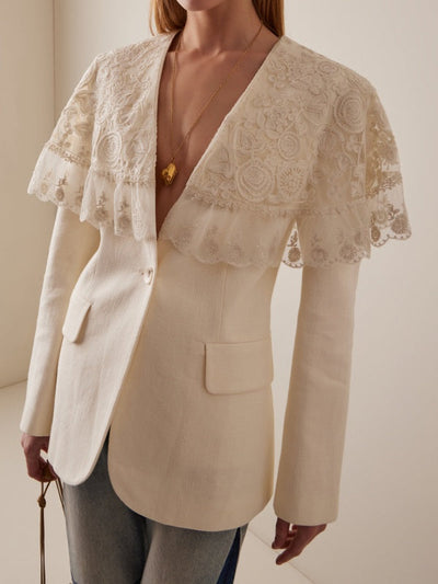 Long Sleeves Buttoned Embroidered Pockets Split-Joint Deep V-Neck Blazer Outerwear