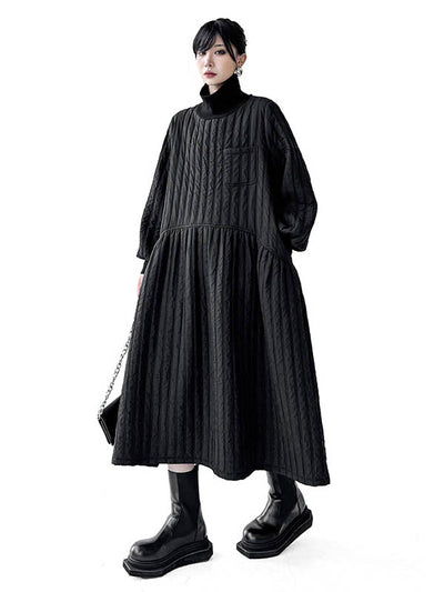 A-Line Long Sleeves Embossed Pockets Quilted Solid Color Split-Joint High Neck Midi Dresses Sweater Dresses