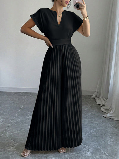 Loose Short Sleeves Pleated Solid Color Split-Joint V-Neck Jumpsuits