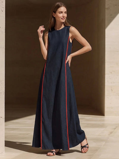 A-line Loose Contrast Color Pockets Split-Joint Round-neck Maxi Dresses