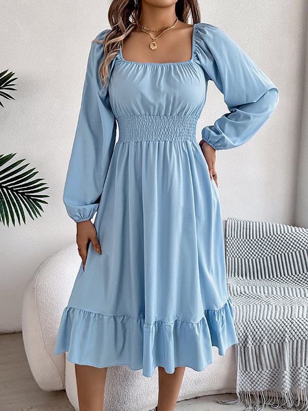 A-Line Elasticated Waist Pleated Ruffled Solid Color Square-Neck Midi Dresses