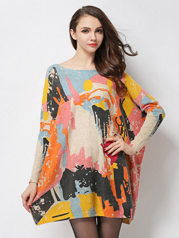 Vintage Wool Blend Contrast Color Printed Sweater