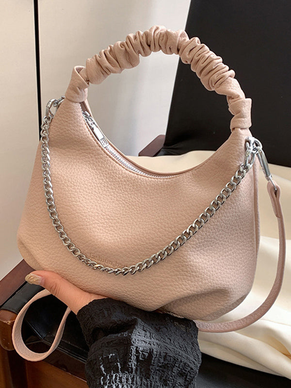 Chains Pleated Solid Color Zipper Crossbody Bags Handbags