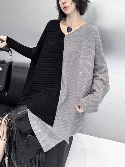 Batwing Sleeves Irregularity Asymmetric Contrast Color Split-Joint Textured V-Neck Sweater Tops