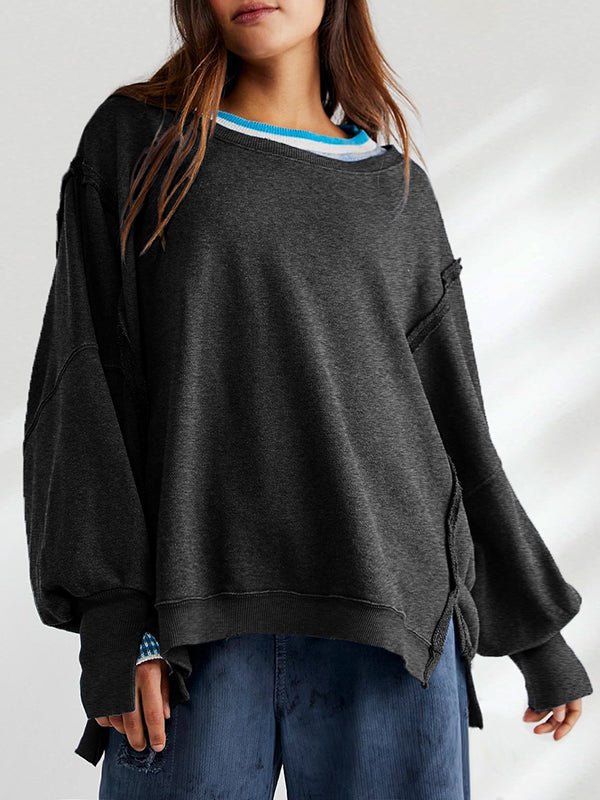 Long Sleeves Loose Fringed Solid Color Split-Joint Split-Side Round-Neck Sweatershirt